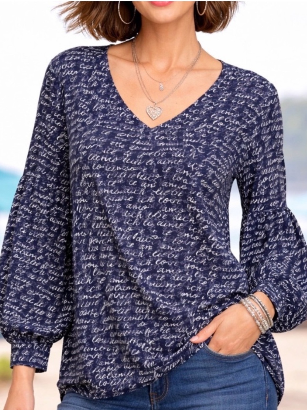 Cabi Te Amo Blue and White Love Top